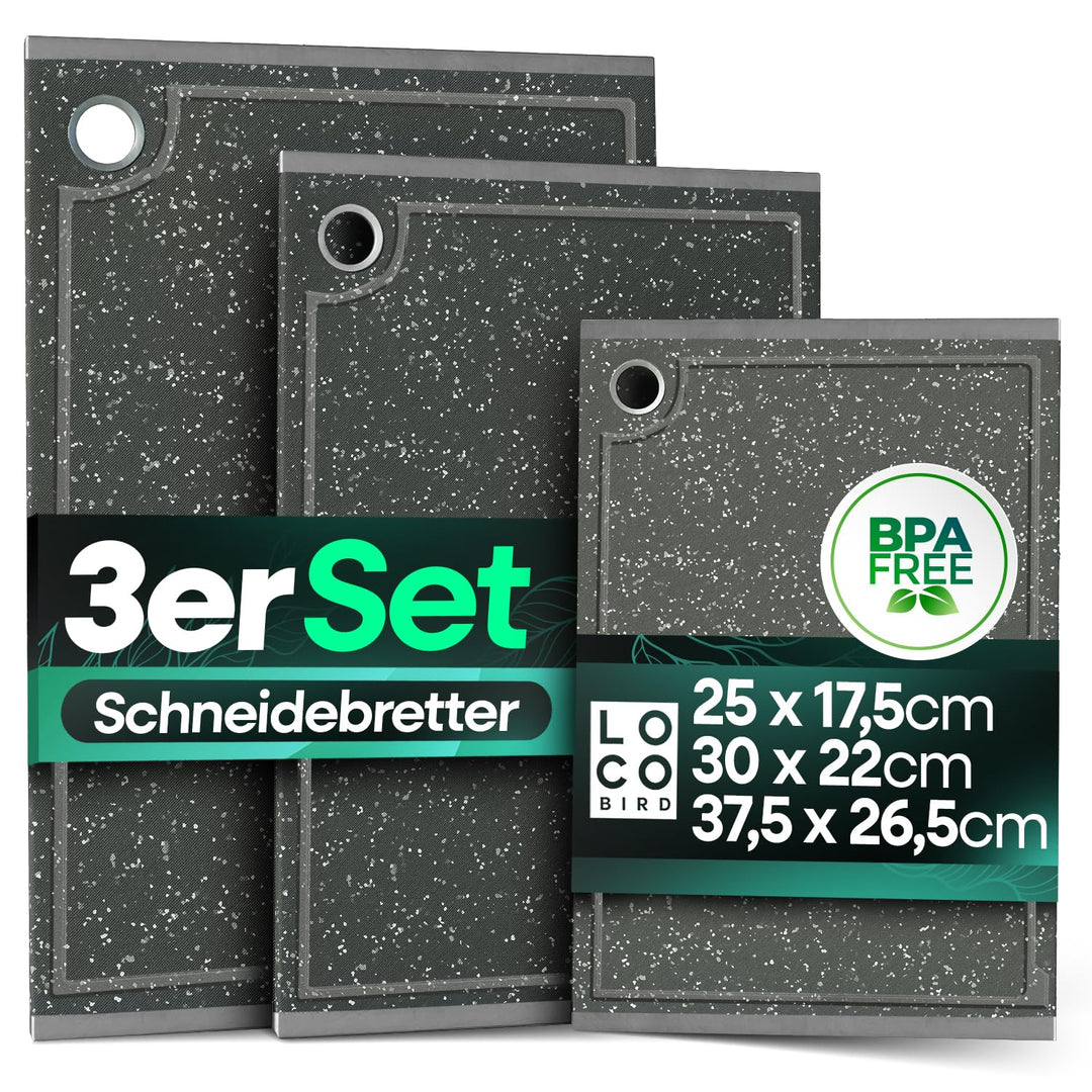 Loco Bird Schneidebrett Kunststoff spülmaschinenfest - rutschfeste Schneidebretter 3er Set - 37,5x26