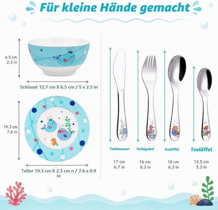 Exzact Besteck Geschenkset 6 Stücken aus Edelstahl/Kindergeschirr - 1 x Schale, 1 x Teller, 1 x Tafe