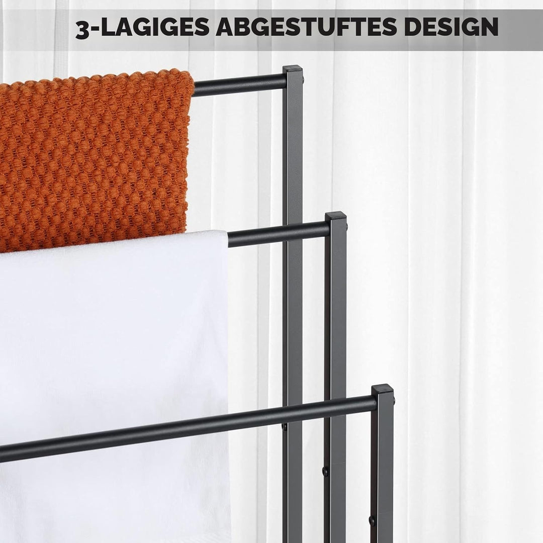 Freistehender Handtuchständer, Badetuchhalter mit 3 stangen, Rustikalem Braunem Holzregal, Industrie