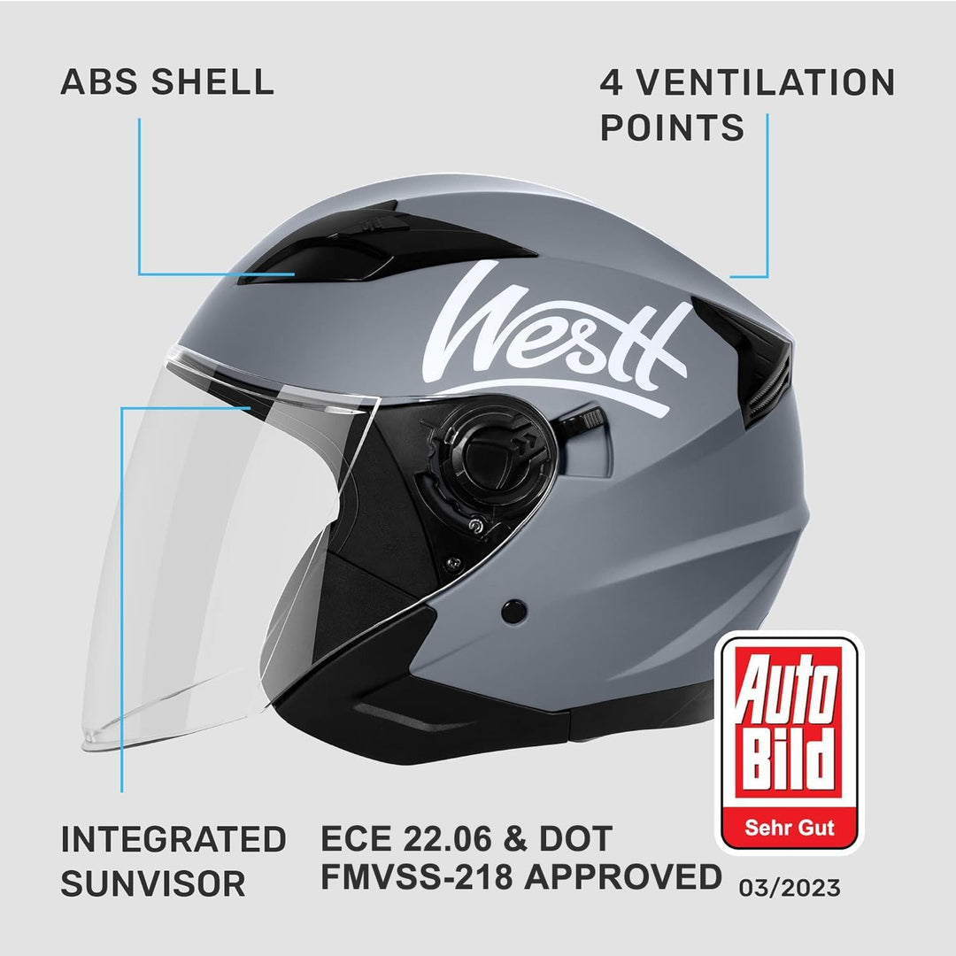 Westt Jethelm Motorradhelm mit Visier und Sonnenblende, ECE 22.06 Zertifiziert, Leichter Open-Face H