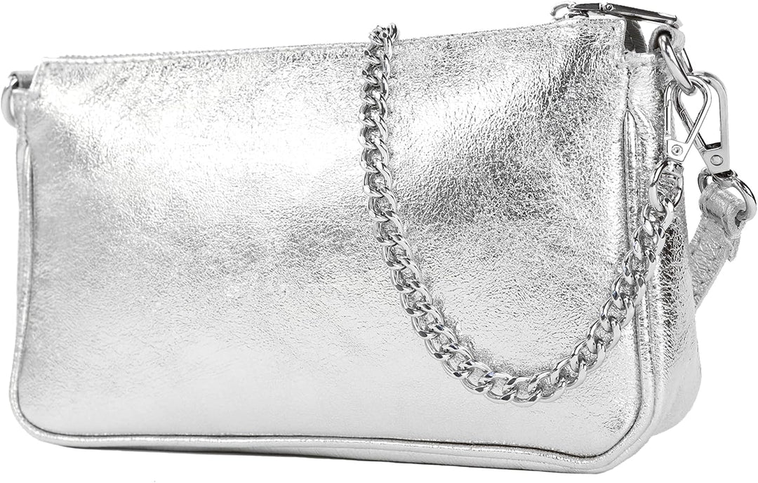 modamoda de - T237 - Umhängetasche Klein Small aus ital. Leder Silber-metallic, Silber-metallic