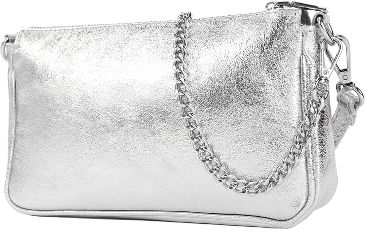 modamoda de - T237 - Umhängetasche Klein Small aus ital. Leder Silber-metallic, Silber-metallic
