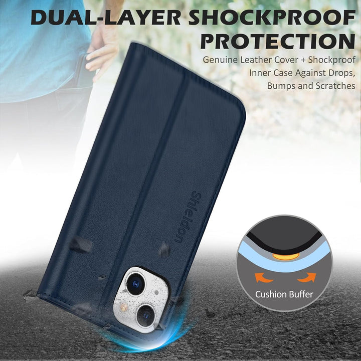 SHIELDON Hülle für iPhone 13, Handyhülle [Rindsleder] [Verdicht TPU] [Kartenfach] [Standfunktion] [M