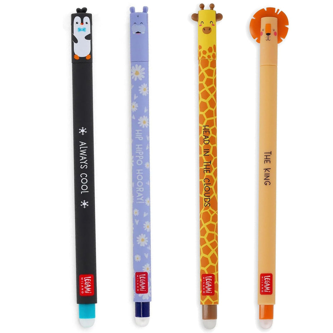 LEGAMI - 4er Set Gel-Radierstifte, Wildlife, Stifte mit radierbarer Tinte, Hippo, Elefant, Giraffe u