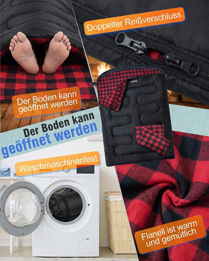 Doppelschlafsack Flanell, 2 Personen Schlafsack Outdoor 220 x 160 cm, Verbesserter Doppel Zippern, m