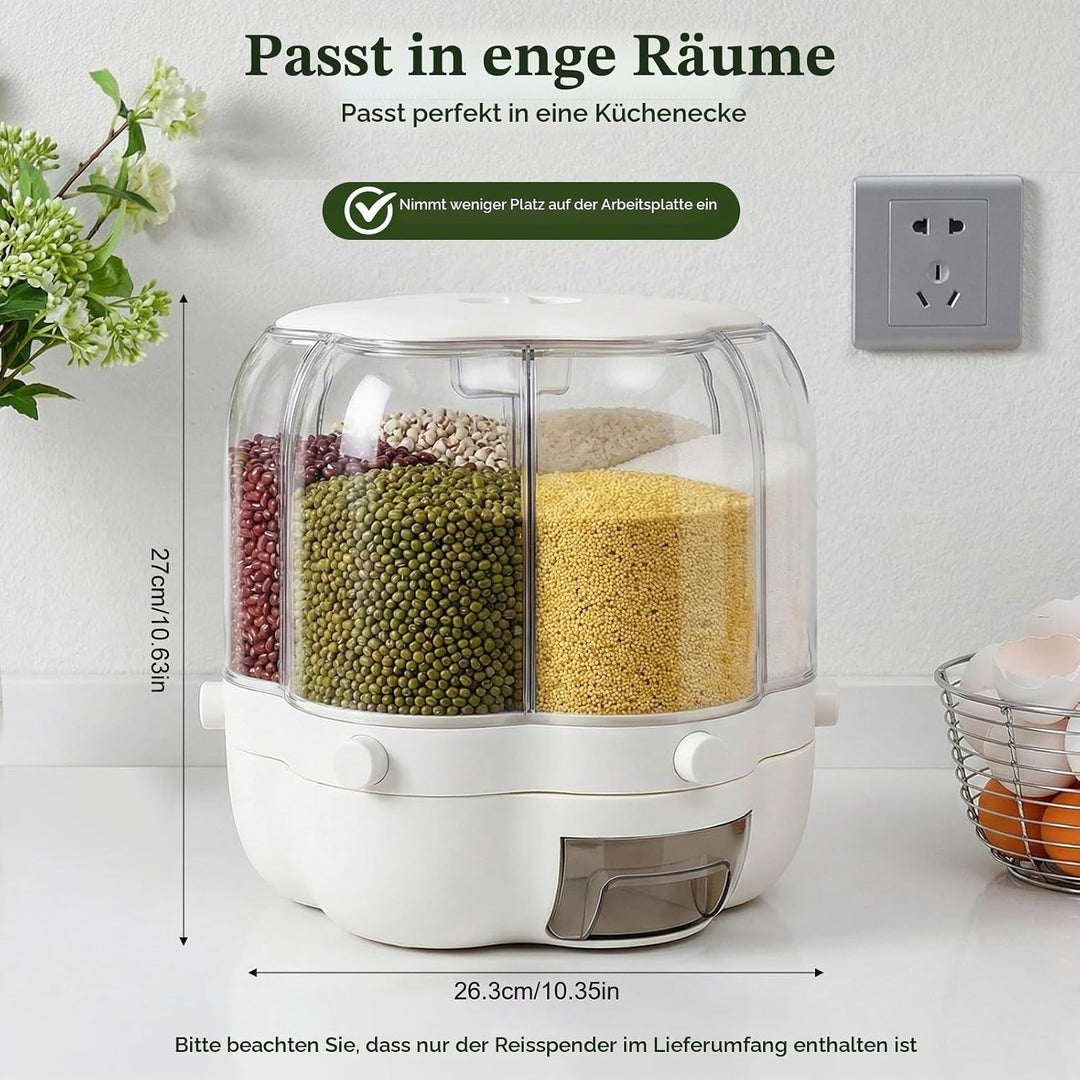 6-fach Müslispender, 360° Drehbarer Runder Reisspender, Luftdichte Trockenfutterbehälter mit Insekte