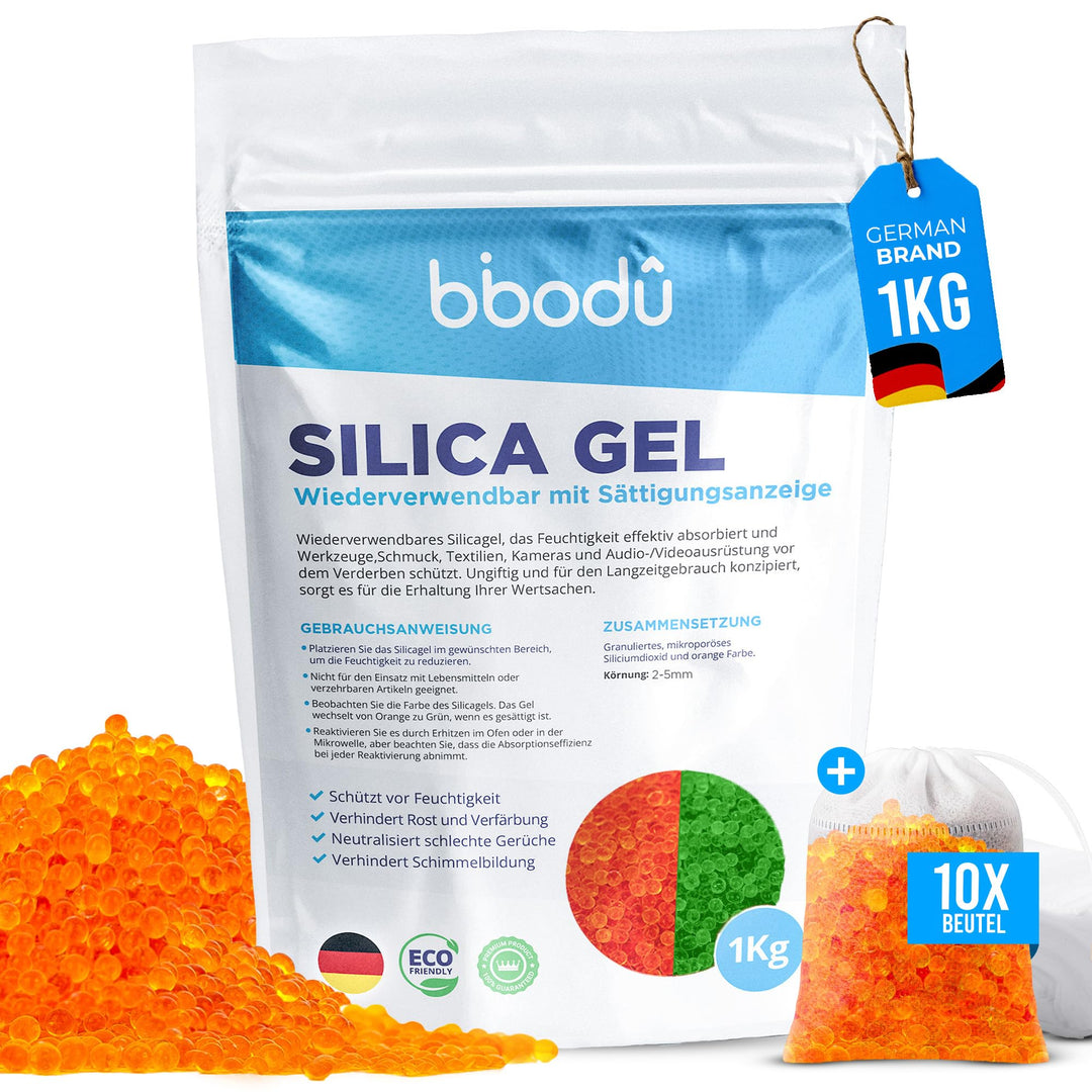 BIBODU Silica Gel Orange 1KG | Silikat Trockenmittel Ungiftig | Silica Kugeln Wiederverwendbar mit S