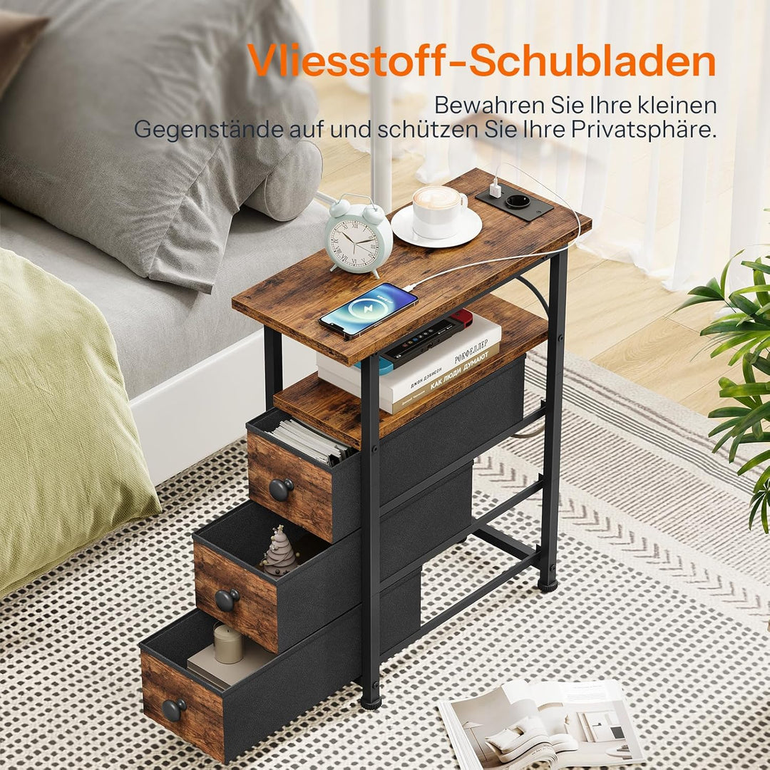 HOOBRO Nachttisch mit Ladestation, 1 Standardsteckdose, 2 USB-Anschlüsse, schmaler Beistelltisch, 3