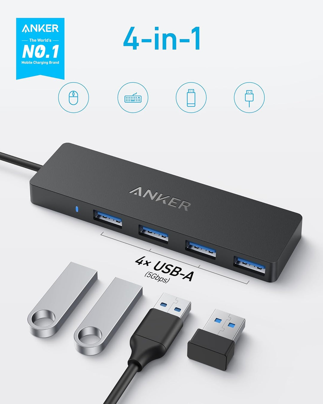 Anker USB-C Hub, 4 Port USB 3.0 Datenhub mit 5 Gbit/s Datenübertragung, 60cm Erweiterungskabel (ohne