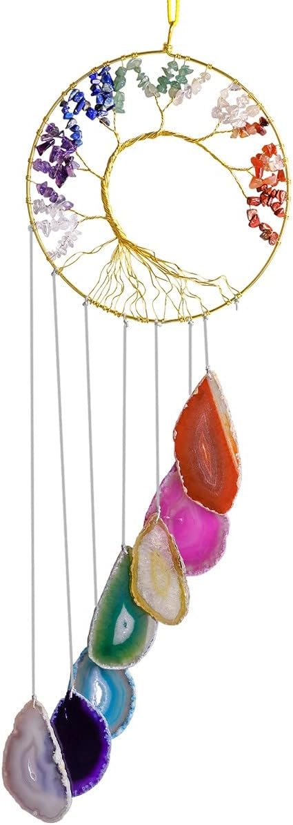KYEYGWO 7 Chakra Stein Baum des Lebens Hängen Deko, Heilung Kristall Wand Hängende Ornament Achat Sc