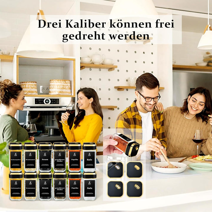 SIAZIH Gewürzstreuer mit Edel Schwarzgoldener Deckel, Gewürzgläser Gold (12x120ml), Gewürzbehälter S