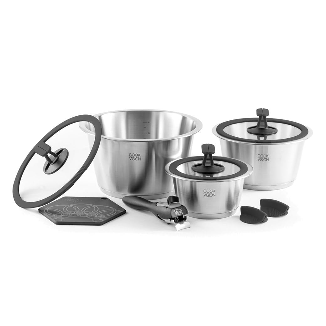 cookvision Topf-Set 10-tlg. schwarz, 3x Edelstahltöpfe für alle Herdarten, 3x Glasdeckel, 1x Griff,