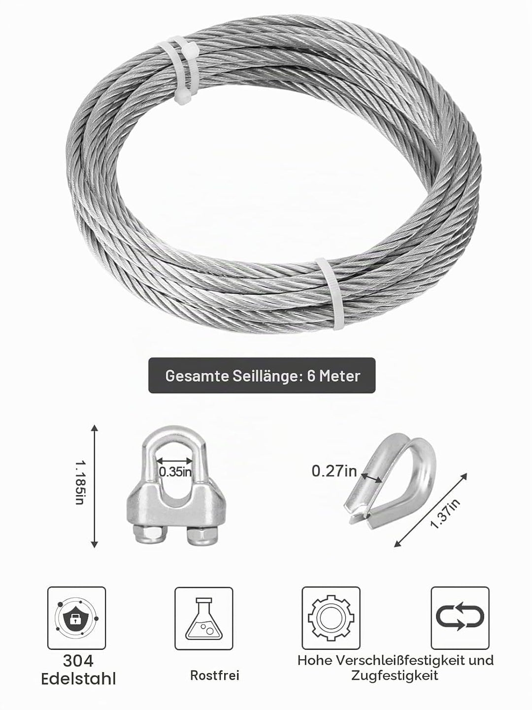 TooTaci 6mm Edelstahlseil,5M/6mm Drahtseil Edelstahl 7 * 19,Stahlseil mit ösen,M6 Drahtseilklemme,6m
