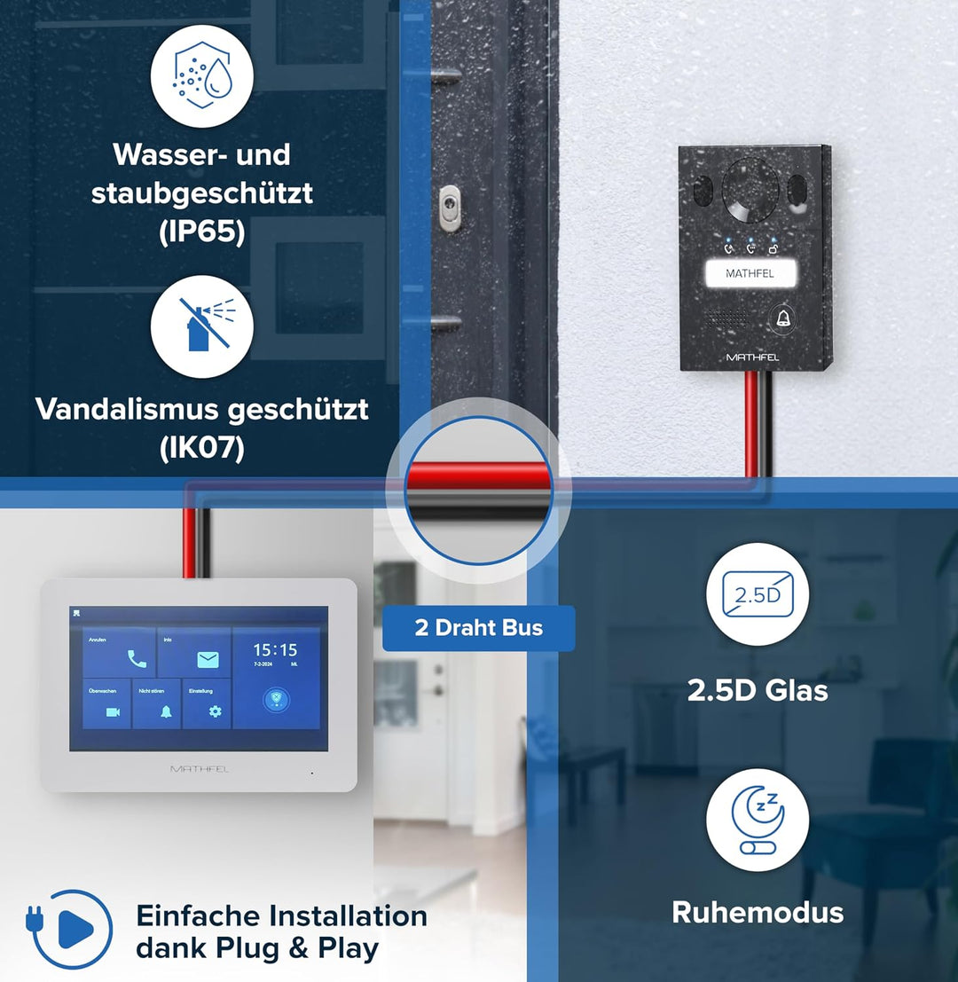 Mathfel 2 Draht Bus WLAN Video Türsprechanlage für 1 Teilnehmer, 2X 7 Zoll WLAN Monitor, Anthrazit K