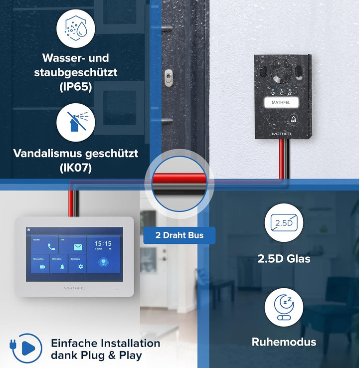 Mathfel 2 Draht Bus WLAN Video Türsprechanlage für 1 Teilnehmer, 2X 7 Zoll WLAN Monitor, Anthrazit K