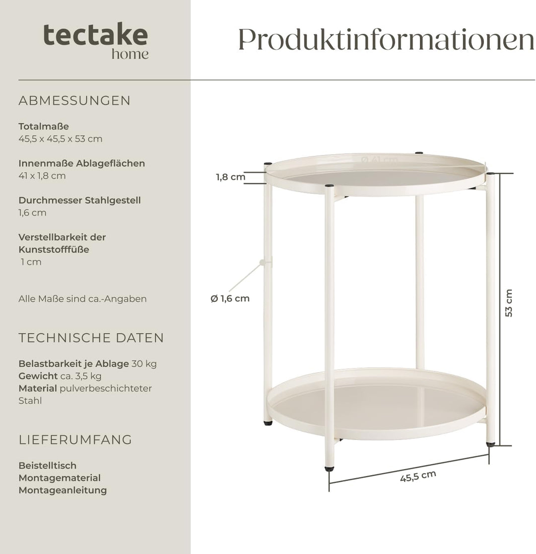 tectake® Tisch rund, Beistelltisch Metall, Kleiner Tisch, Couchtisch mit Stauraum, Coffee Table für