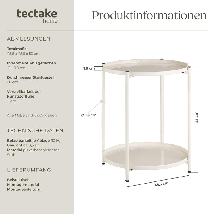 tectake® Tisch rund, Beistelltisch Metall, Kleiner Tisch, Couchtisch mit Stauraum, Coffee Table für