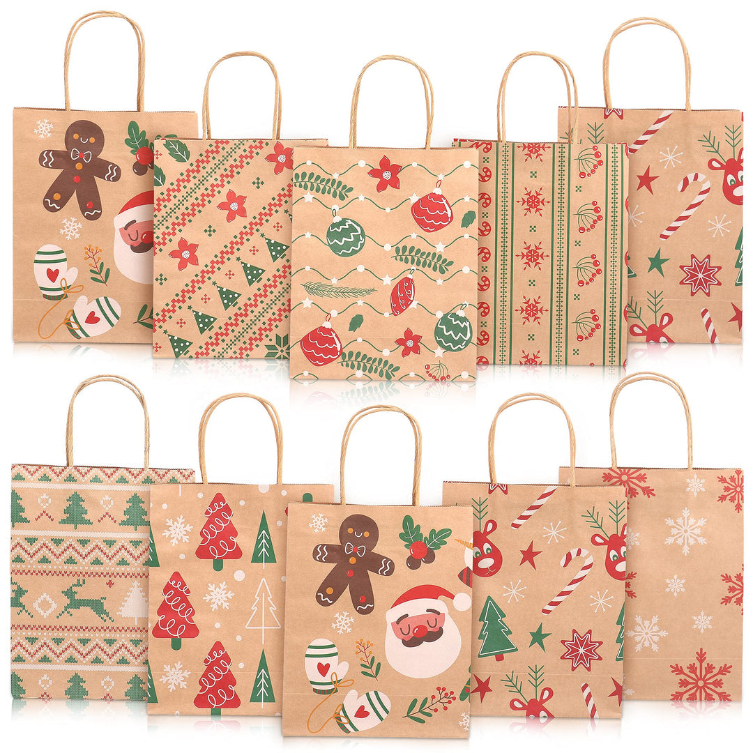 24 Stück Papiertüten Weihnachten Geschenktüten mit Henkel, Braun Weihnachtstaschen Weihnachtsgeschen