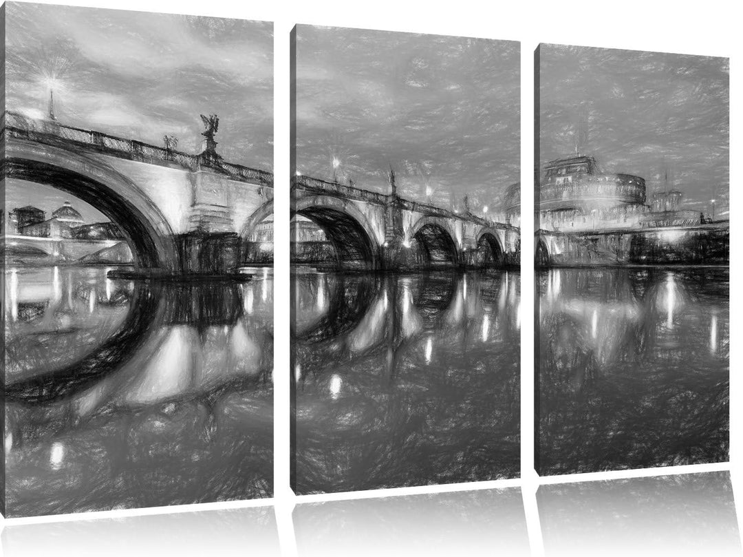 Pixxprint Nachtansicht von S. Angelo-Brücke Kunst Buntstift Effekt 3-Teiler Leinwandbild 120x80 Bild