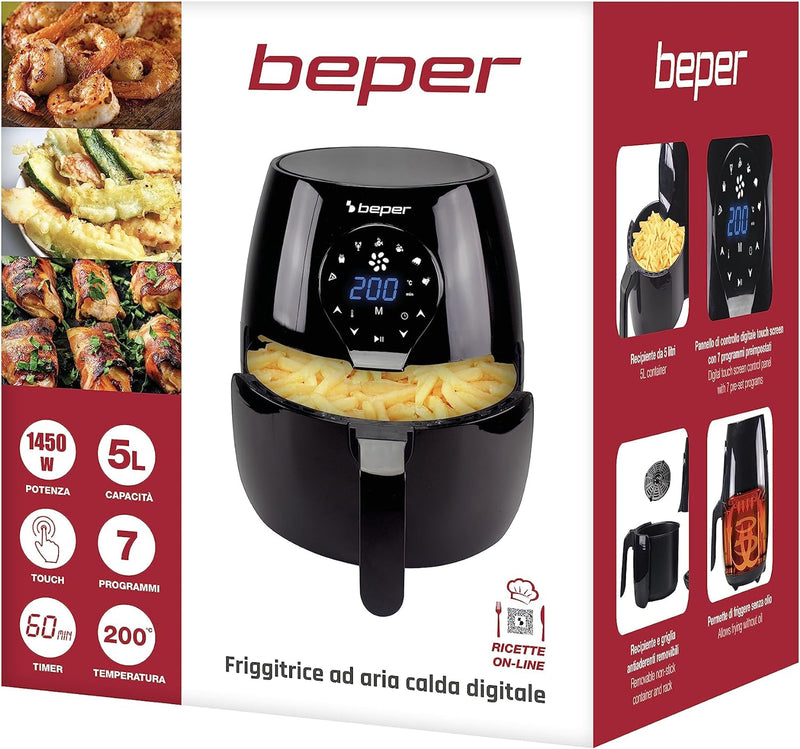 BEPER P101FRI050 Heissluftfritteuse, Frittieren ohne Öl, 5 l, Touchpad, 7 voreingestellte Programme,