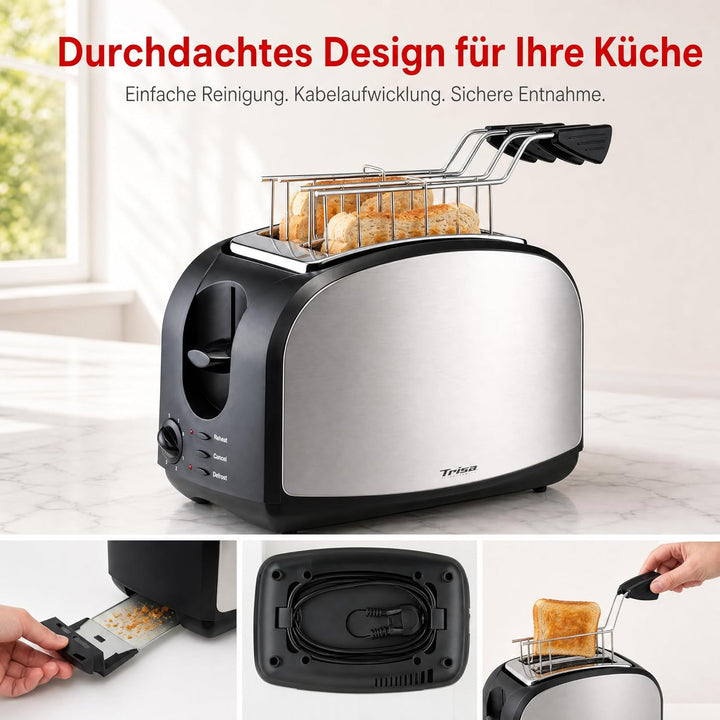 Trisa Toaster 2 Scheiben - 8 Bräunungsstufen, Edelstahlgehäuse, 600W Schnellaufheizen，Toaster mit Br