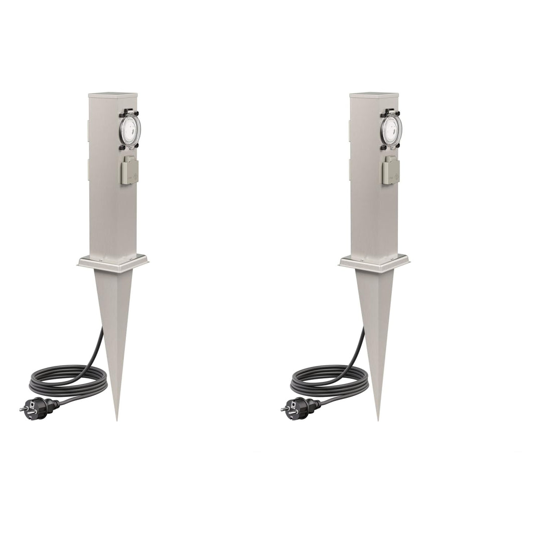 ledscom.de 2X Garten-Steckdosen-Säule Polly mit Erdspiess und 2m Kabel für aussen, 3-Fach mit Timer/