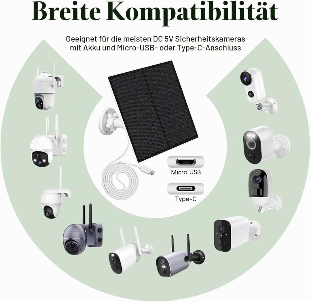 Solarpanel für Überwachungskamera Aussen, 5W Kamera Solarmodul mit Micro USB &amp; USB-C Anschluss Solar