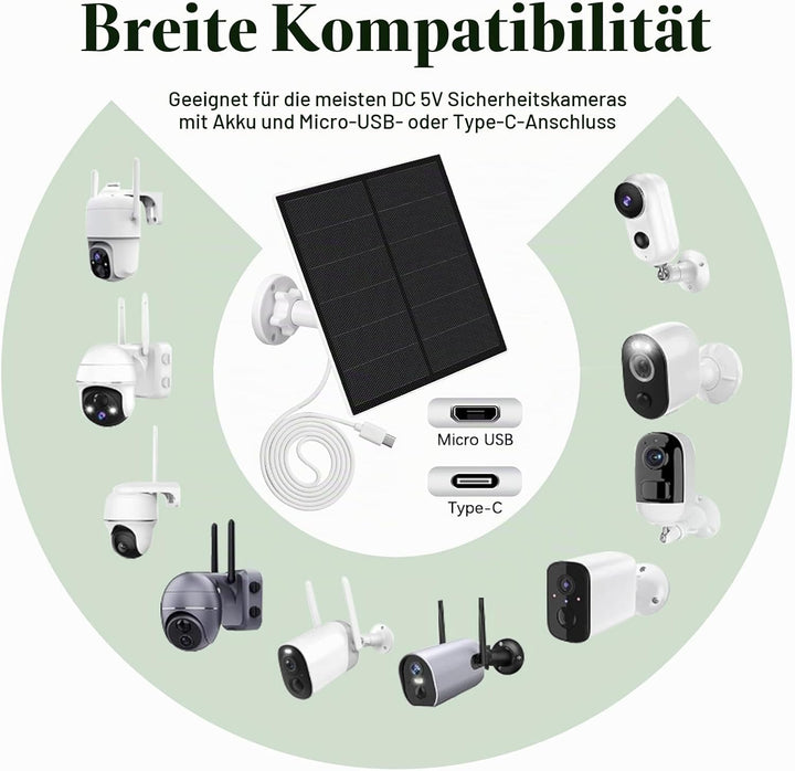 Solarpanel für Überwachungskamera Aussen, 5W Kamera Solarmodul mit Micro USB &amp; USB-C Anschluss Solar