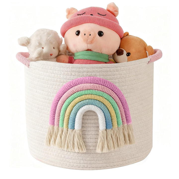 Spielzeug-Aufbewahrungskörbe, gewebtes Baumwollseil, Aufbewahrungskorb mit 3D-Regenbogen-Dekor für K