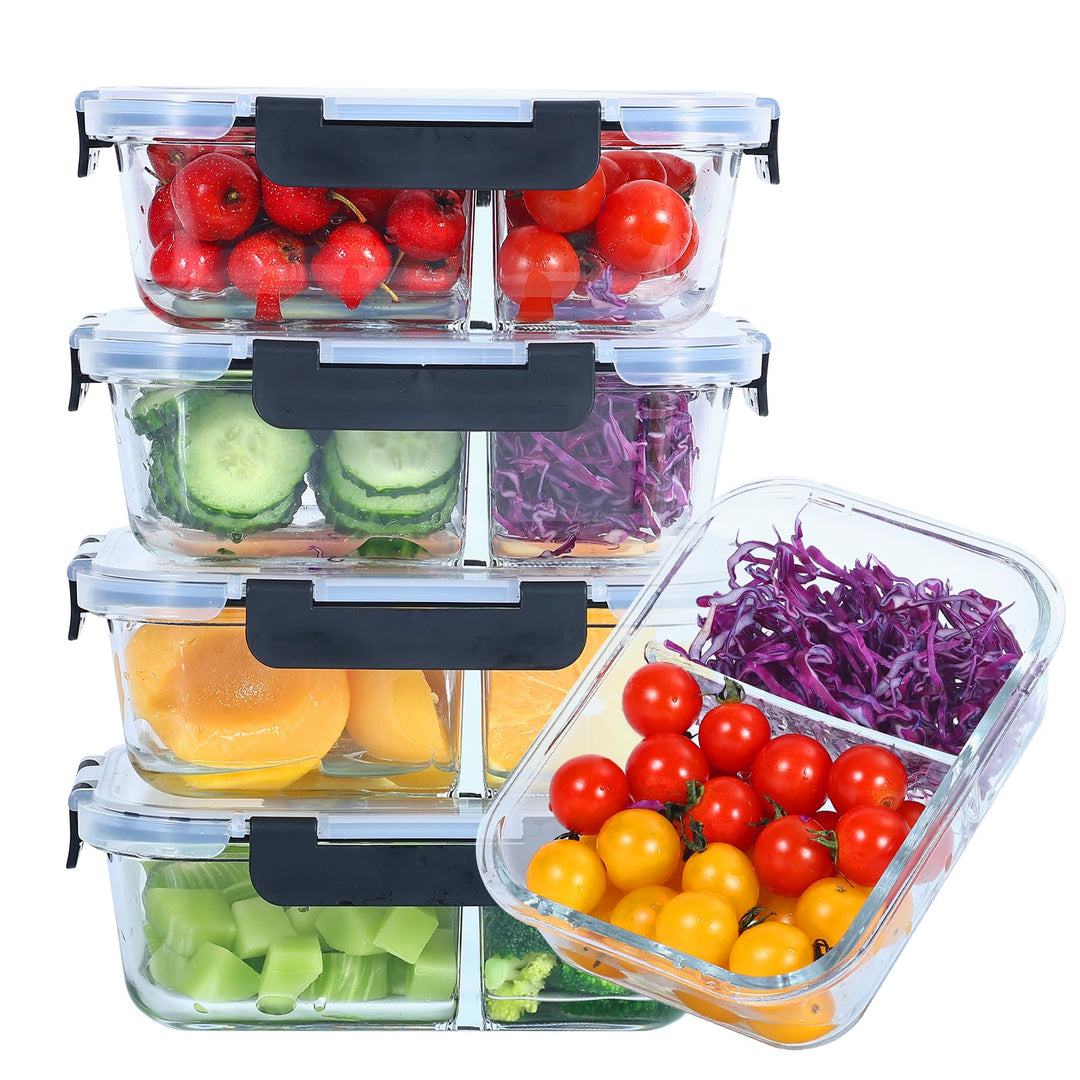 Glasbehälter mit Deckel Meal Prep Boxen Glas 2 Fächer (5Stück, 1040ml) Meal Prep Boxen Glas mit Tren