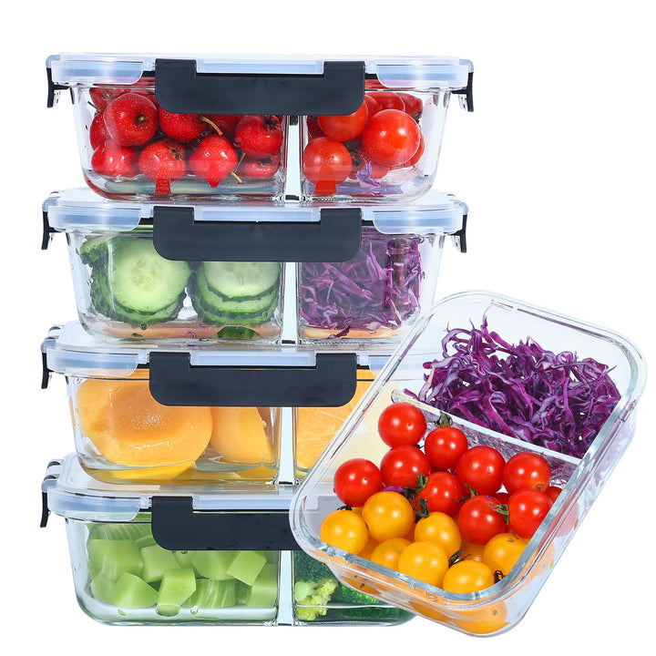 Glasbehälter mit Deckel Meal Prep Boxen Glas 2 Fächer (5Stück, 1040ml) Meal Prep Boxen Glas mit Tren
