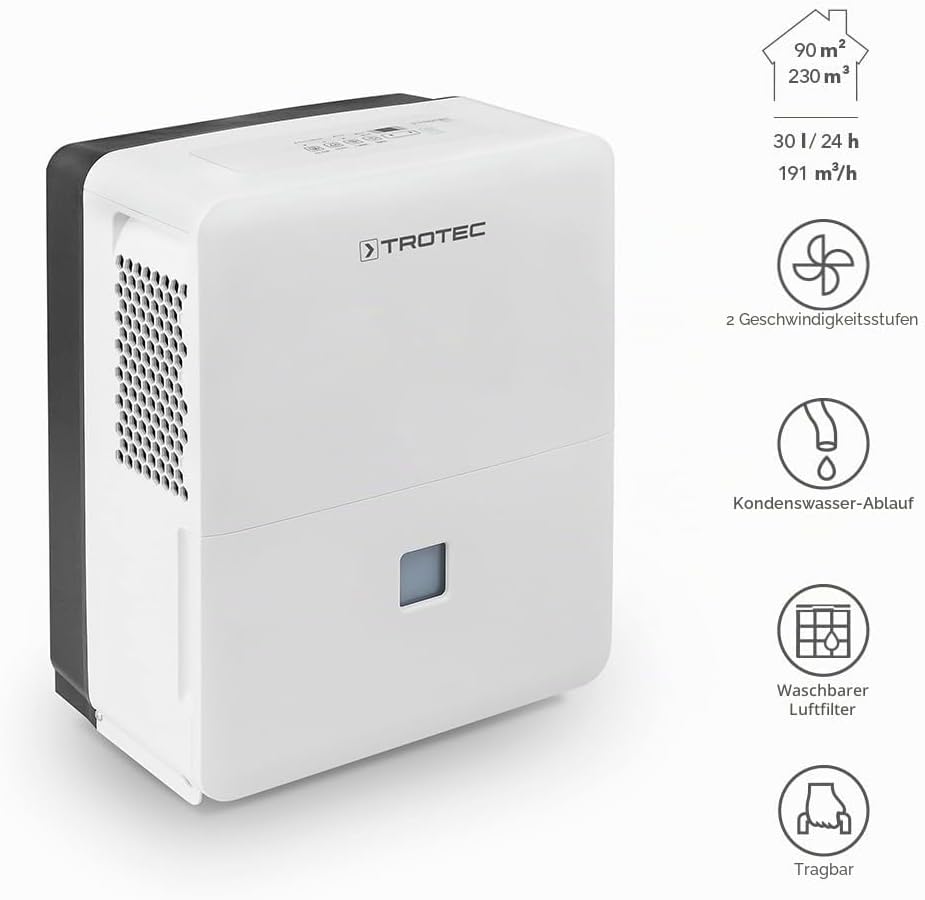 TROTEC Luftentfeuchter elektrisch TTK 96 E – Leistung 30 L/Tag – Fläche 90 m² / 230 m³ – Raum Entfeu