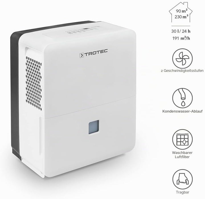 TROTEC Luftentfeuchter elektrisch TTK 96 E – Leistung 30 L/Tag – Fläche 90 m² / 230 m³ – Raum Entfeu