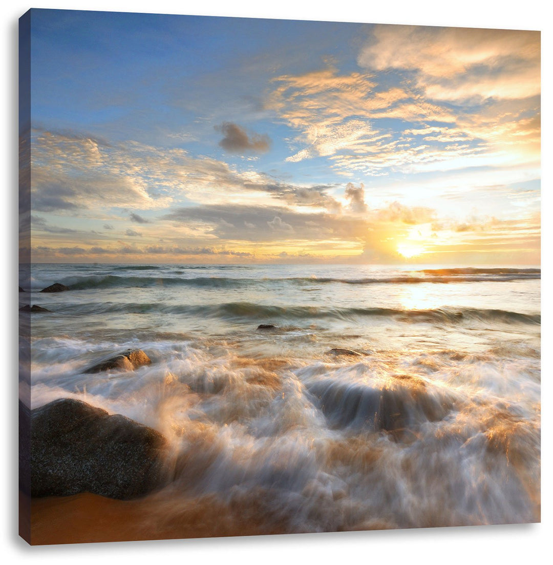 Sonnenuntergang am Meer, Format: 70x70 auf Leinwand, XXL riesige Bilder fertig gerahmt mit Keilrahme