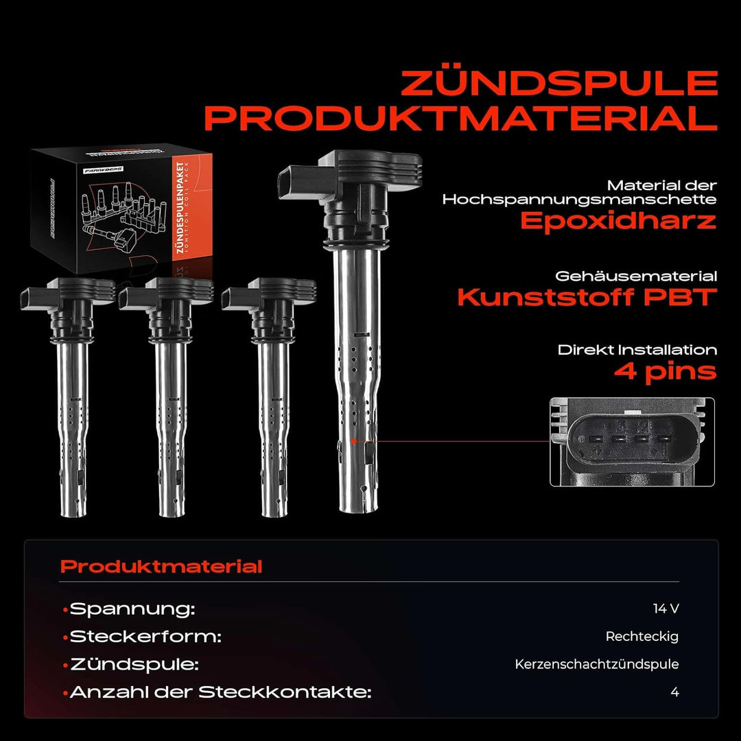 Frankberg 4x Zündspule für A1 A3 A4 A5 A6 A8 Q3 Q5 R8 TT Octavia Superb Altea Exeo Leon Beetle Golf