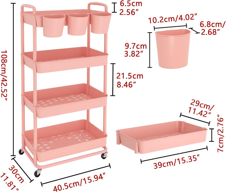 JIUYOTREE Rollwagen mit 4 Ebenen, Kunststoff, mit extra hängenden Griffen, feststellbare Räder für W