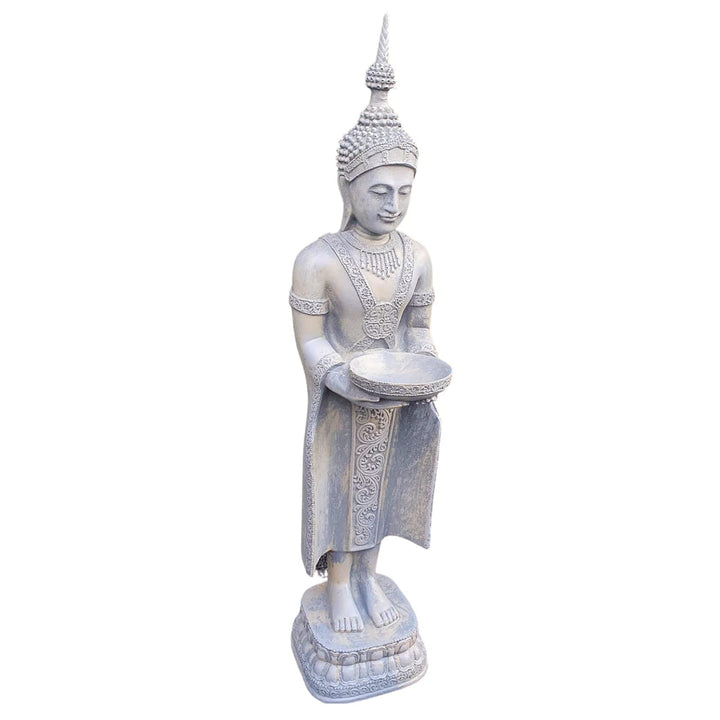 Gartenfigur Buddha Tempelwächter 76 cm grau stehend mit Schale – handbemalte Wächterfigur in Steingu