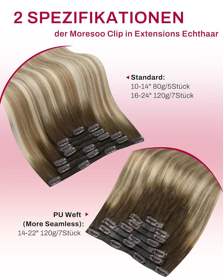Moresoo Echthaar Extensions Clip Braun Clip in Extensions Echthaar Remy Ombre Haarverlängerung Echth