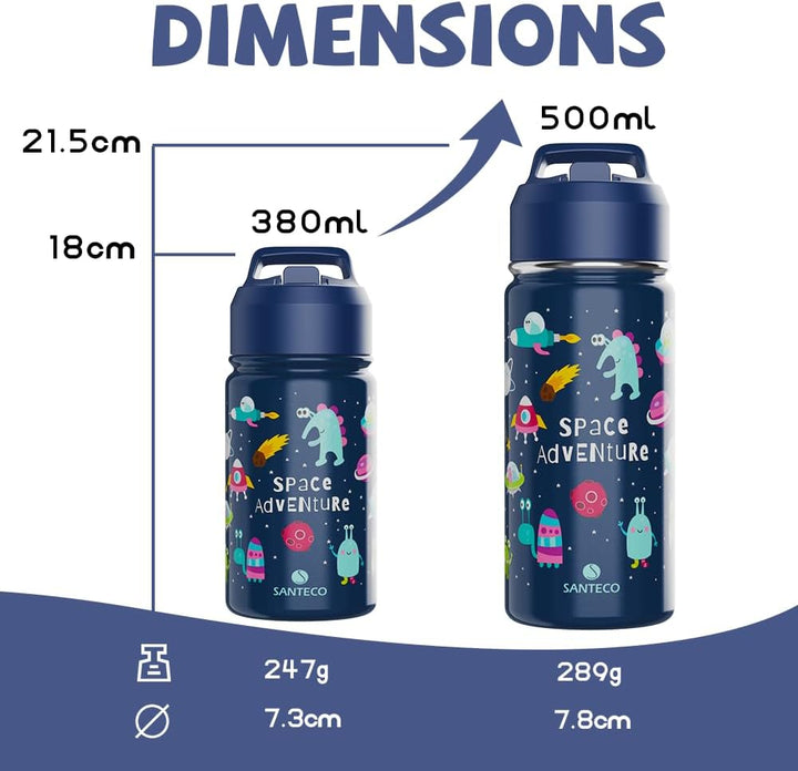 SANTECO Trinkflasche Kinder Edelstahl 500ml mit Strohhalm, Kinder Thermosflasche BPA-frei Wasserflas