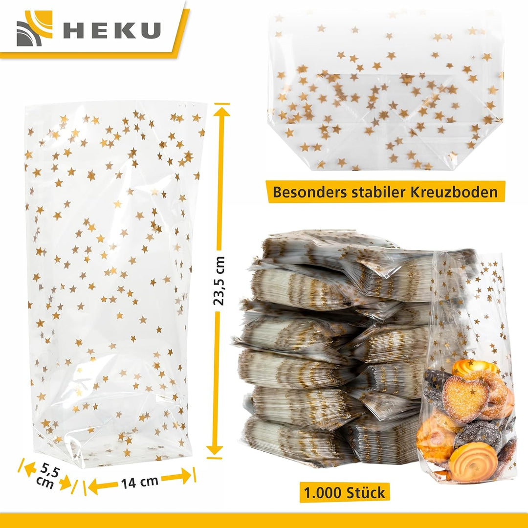 HEKU 1000er Packung Transparente Bodenbeutel mit goldenen Sternen 235x140x55mm I Stabiler Kreuzboden