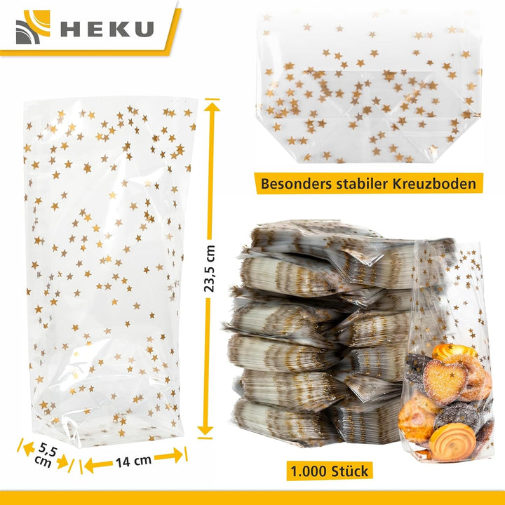HEKU 1000er Packung Transparente Bodenbeutel mit goldenen Sternen 235x140x55mm I Stabiler Kreuzboden