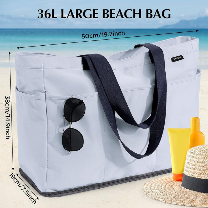 GAGAKU Strandtasche XXL mit Kühlfach, Wasserfest Beach Bag mit Reissverschluss – Faltbar Gross Badet