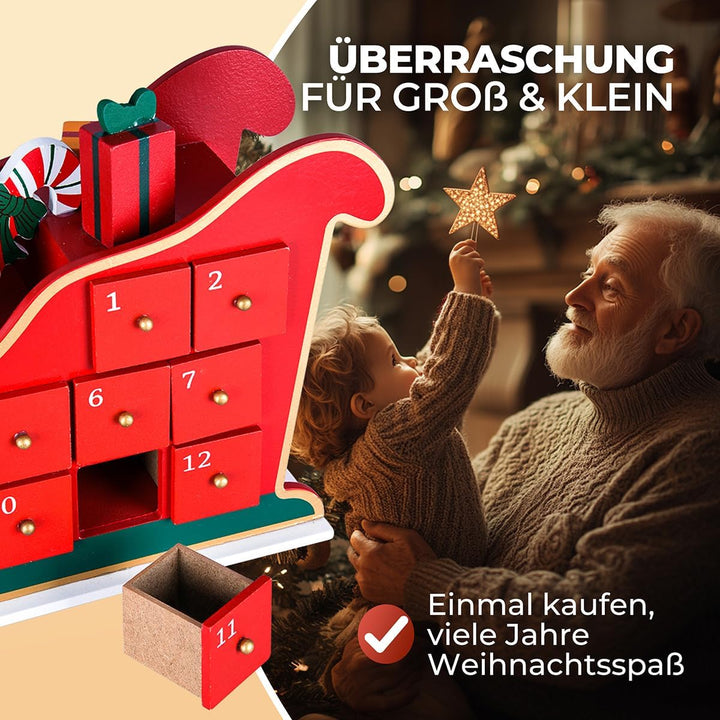 Spielwerk® Wiederverwendbarer Adventskalender Schlitten zum Befüllen 24 Türchen Bunt Bemalt Weihnach