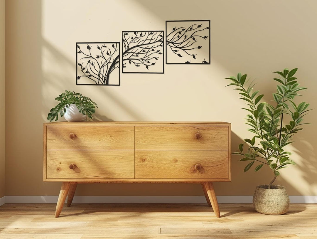 Kobolo Wandbild Wanddeko Metallbild - WOOD - Metall - dreiteilig - schwarz - Baum - XXL
