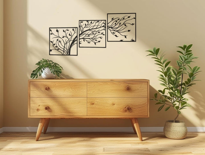Kobolo Wandbild Wanddeko Metallbild - WOOD - Metall - dreiteilig - schwarz - Baum - XXL