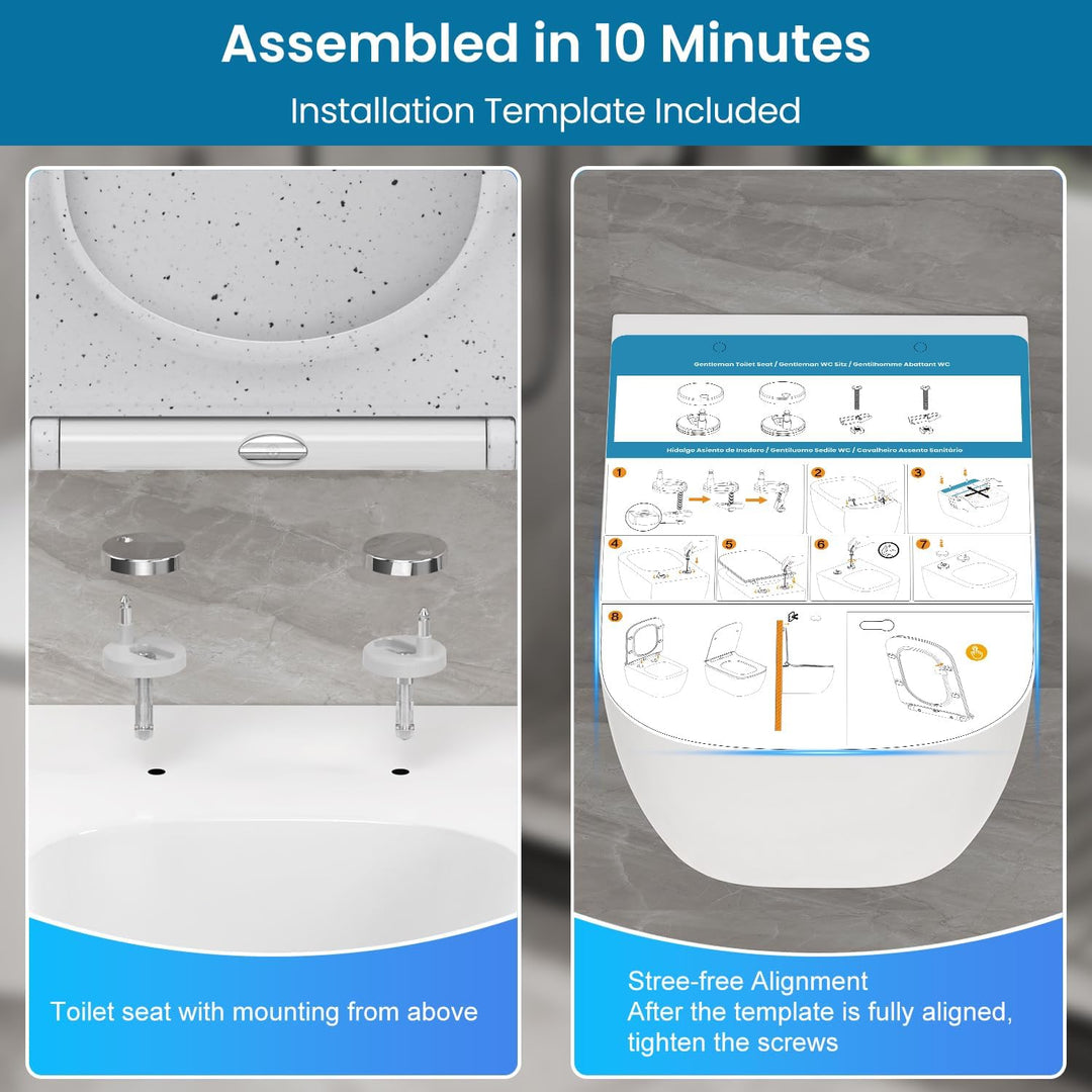 WC Sitz mit Absenkautomatik, Toilettendeckel Eckig Form, Klodeckel Weiss Marmor, Klobrille Softclose