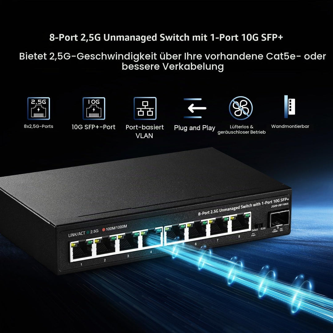 Binardat 8 Port 2.5G Switch mit 10G SFP+ Port, 8 x 2.5 Gigabit RJ-45 Base-T Ports, Unmanaged Multi-G