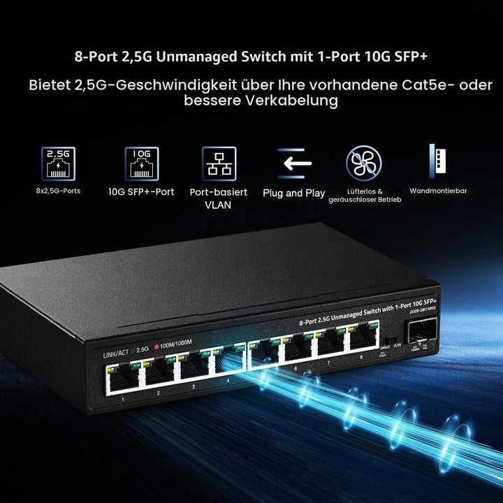 Binardat 8 Port 2.5G Switch mit 10G SFP+ Port, 8 x 2.5 Gigabit RJ-45 Base-T Ports, Unmanaged Multi-G