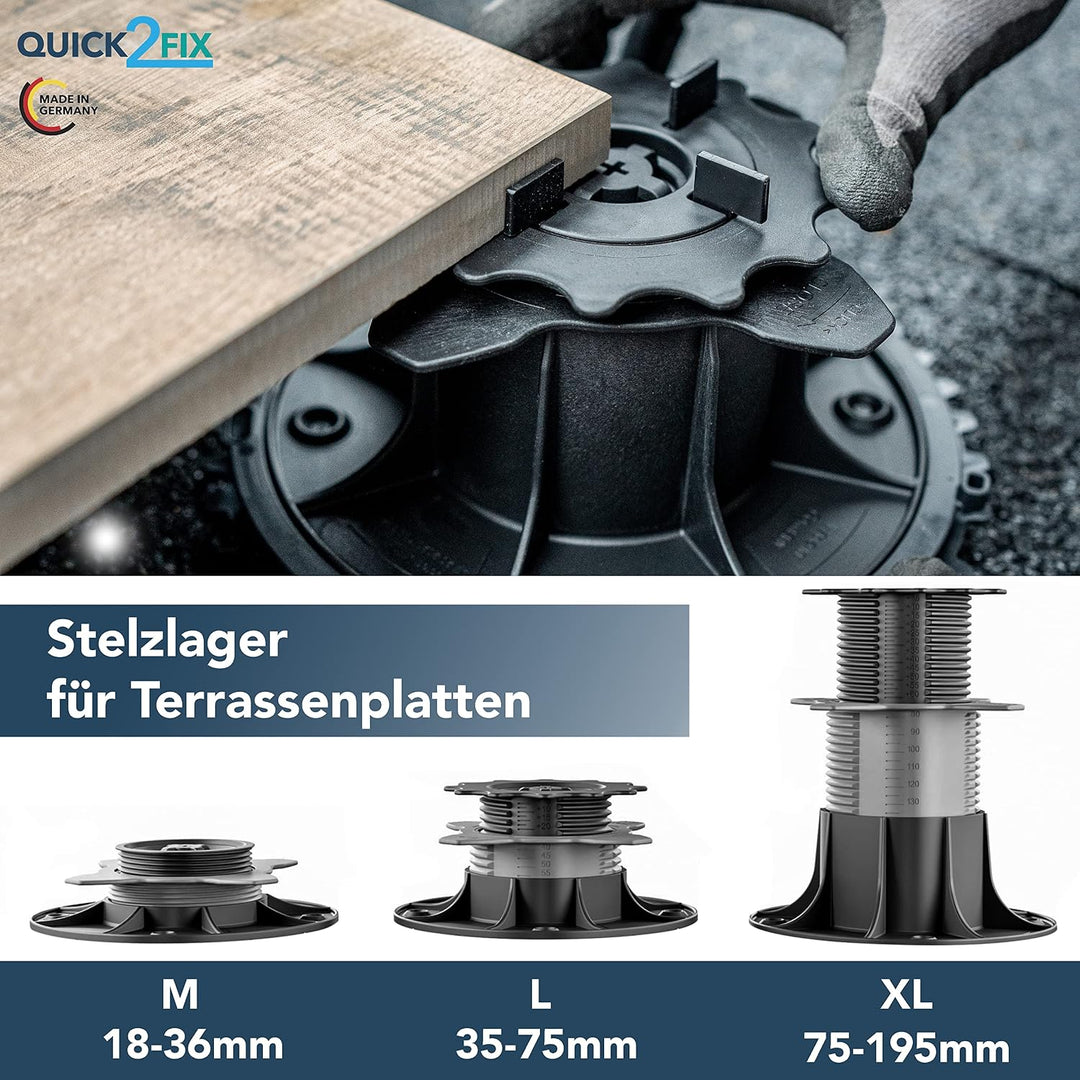 QUICK2FIX® Plattenlager/Stelzlager höhenverstellbar 75-195mm (Grösse XL) - Fugenkreuz | 12 Stk. Grös