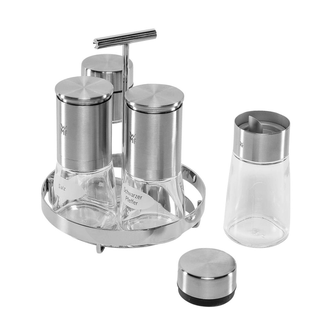 WMF De Luxe Menage-Set 5-teilig, für Salz, Pfeffer, Essig, Öl, Ständer mit 2 Essig-/ Ölspender, Salz